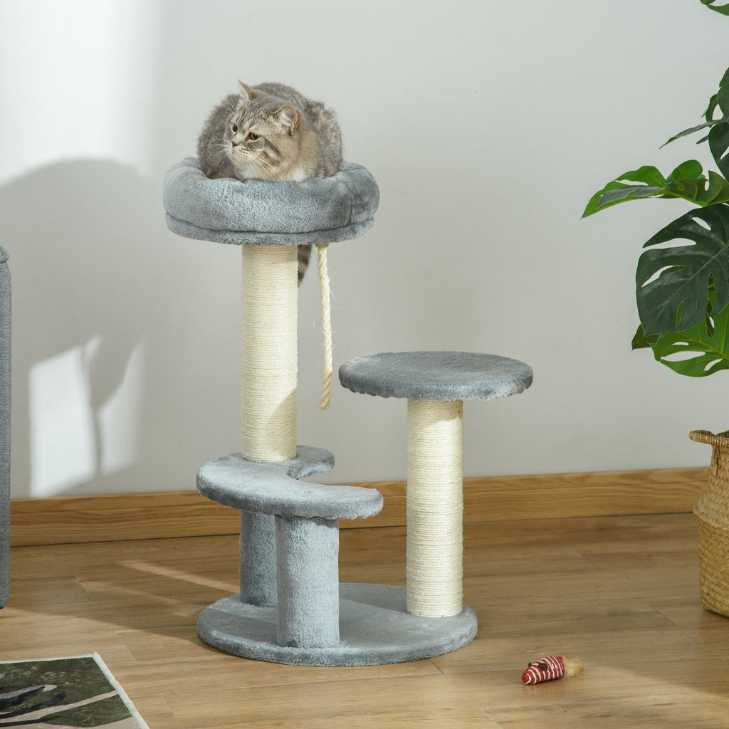 PawHut Arbre à chats 2 griffoirs grattoirs sisal naturel 3 plateformes corde à grimper dim. Ø 40 x 65H cm peluche haute densité 500 g/m² gris