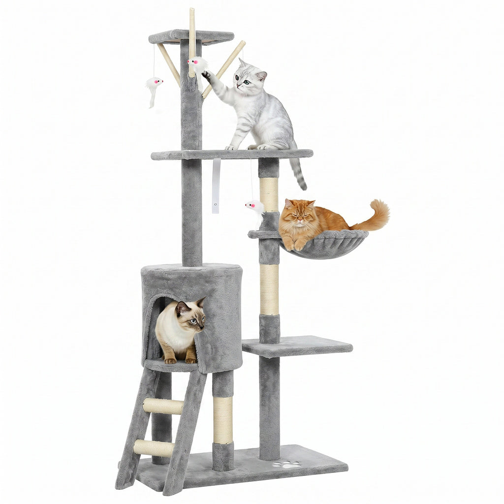 Pawhut Arbre à gratter pour chat, hauteur 134 cm, avec 6 poteaux, 3 plates-formes, échelle hamac grotte, 4 jouets suspendus
