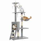 Pawhut Arbre à gratter pour chat, hauteur 134 cm, avec 6 poteaux, 3 plates-formes, échelle hamac grotte, 4 jouets suspendus