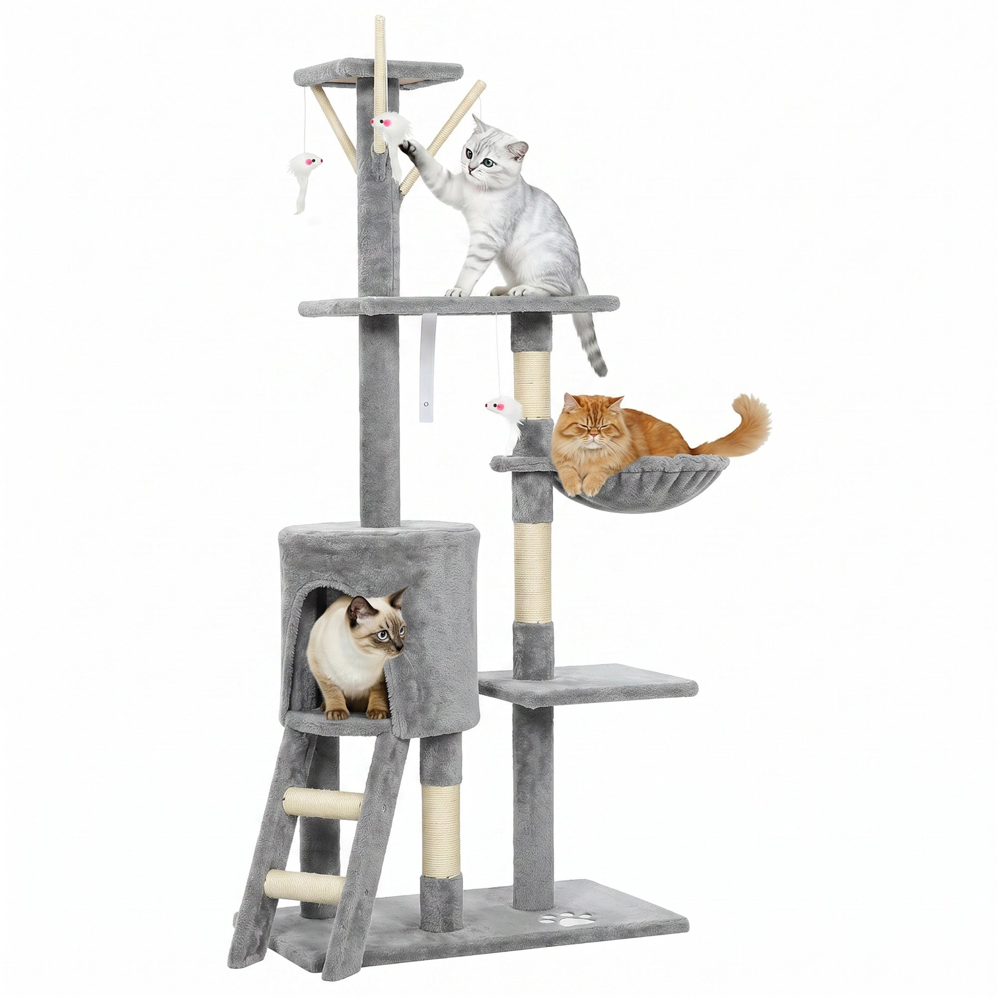 Pawhut Arbre à gratter pour chat, hauteur 134 cm, avec 6 poteaux, 3 plates-formes, échelle hamac grotte, 4 jouets suspendus