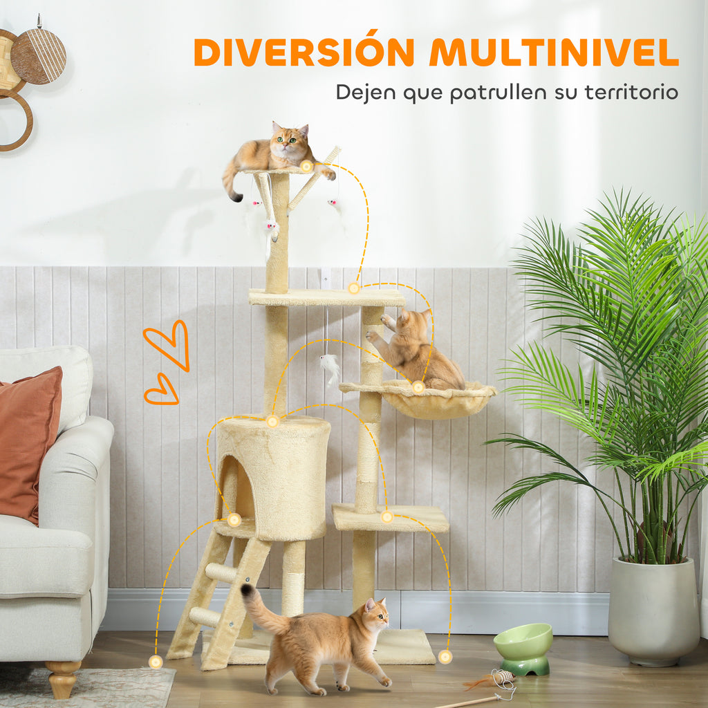Pawhut Arbre à gratter pour chat, hauteur 134 cm, avec 6 poteaux, 3 plates-formes, échelle hamac grotte, 4 jouets suspendus