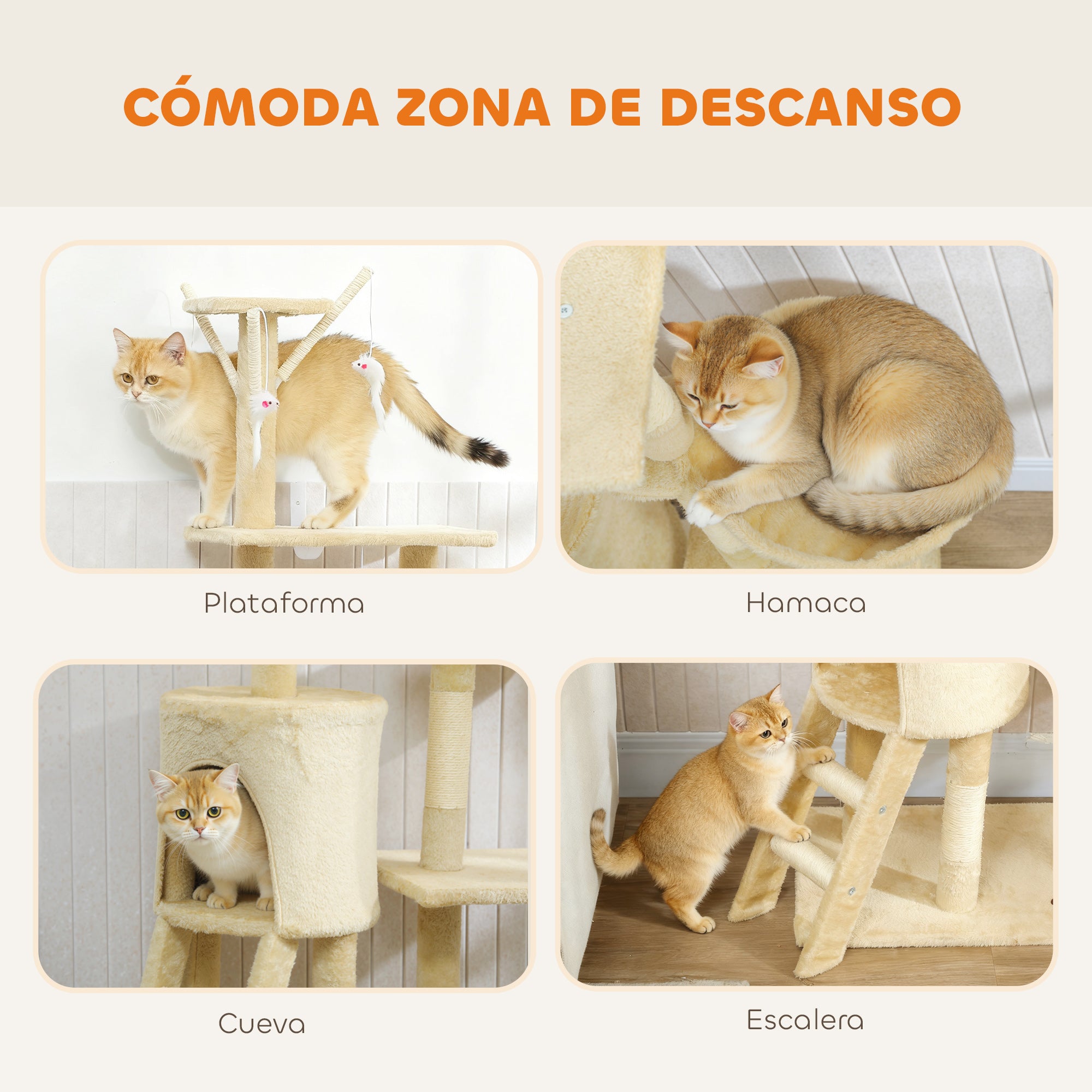 Pawhut Arbre à gratter pour chat, hauteur 134 cm, avec 6 poteaux, 3 plates-formes, échelle hamac grotte, 4 jouets suspendus