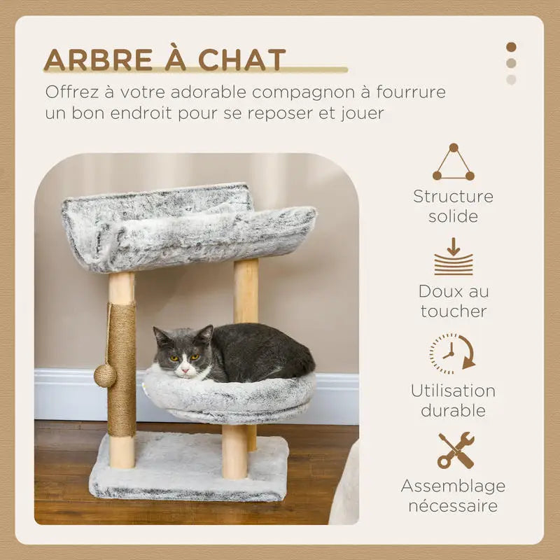 Abre à chat avec griffoir 1 niche supérieure avec coussin lavable 1 niche ronde peluche hauteur 60 cm gris