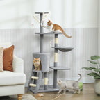 Pawhut Arbre à gratter pour chat, hauteur 134 cm, avec 6 poteaux, 3 plates-formes, échelle hamac grotte, 4 jouets suspendus