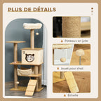 PawHut Arbre à chat hauteur 130 cm, tour de jeux pour chat, platesformes, niche, lit, hamac, échelle et 2 balles en peluche, griffoirs en jute, plusieux niveaux, jaune