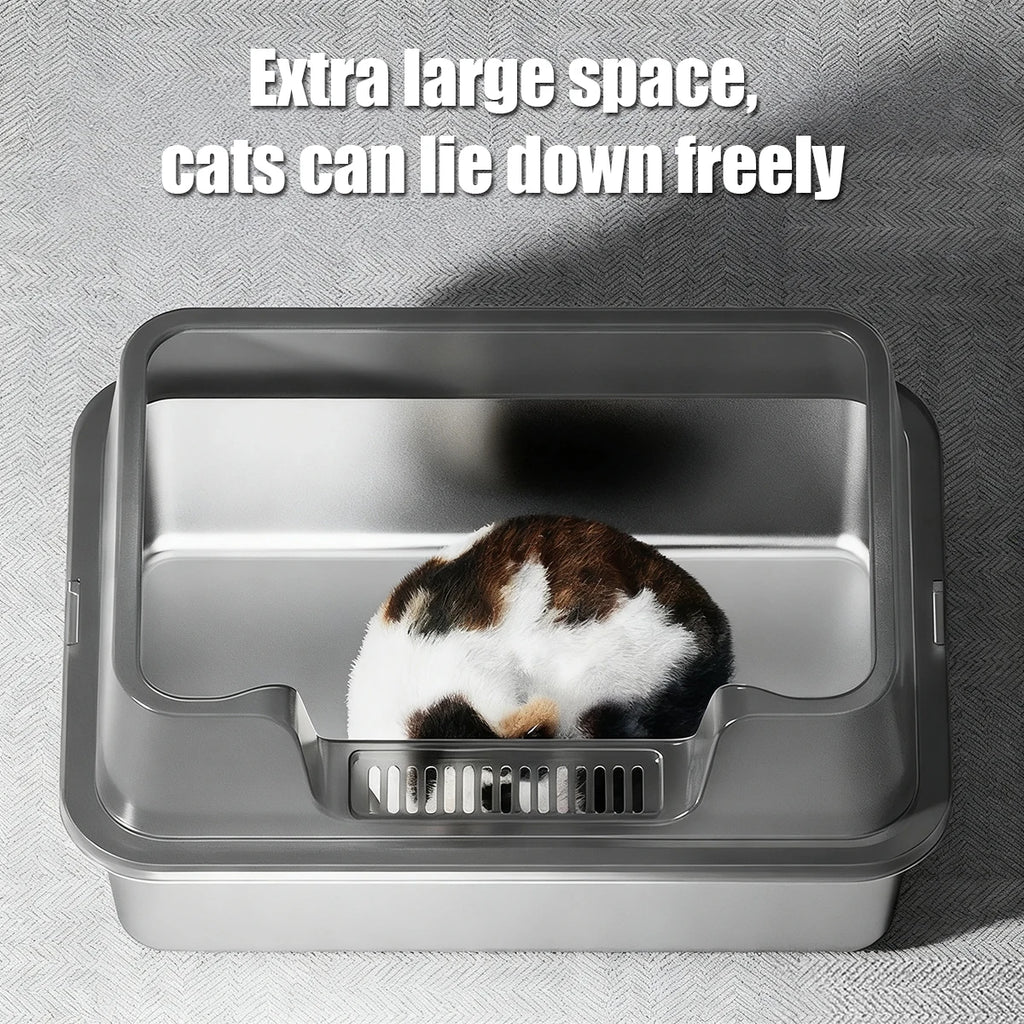 Bac à litière pour chat en acier inoxydable avec couvercle, bac à litière extra large à face haute pour grands chats, facile à nettoyer et sans odeur