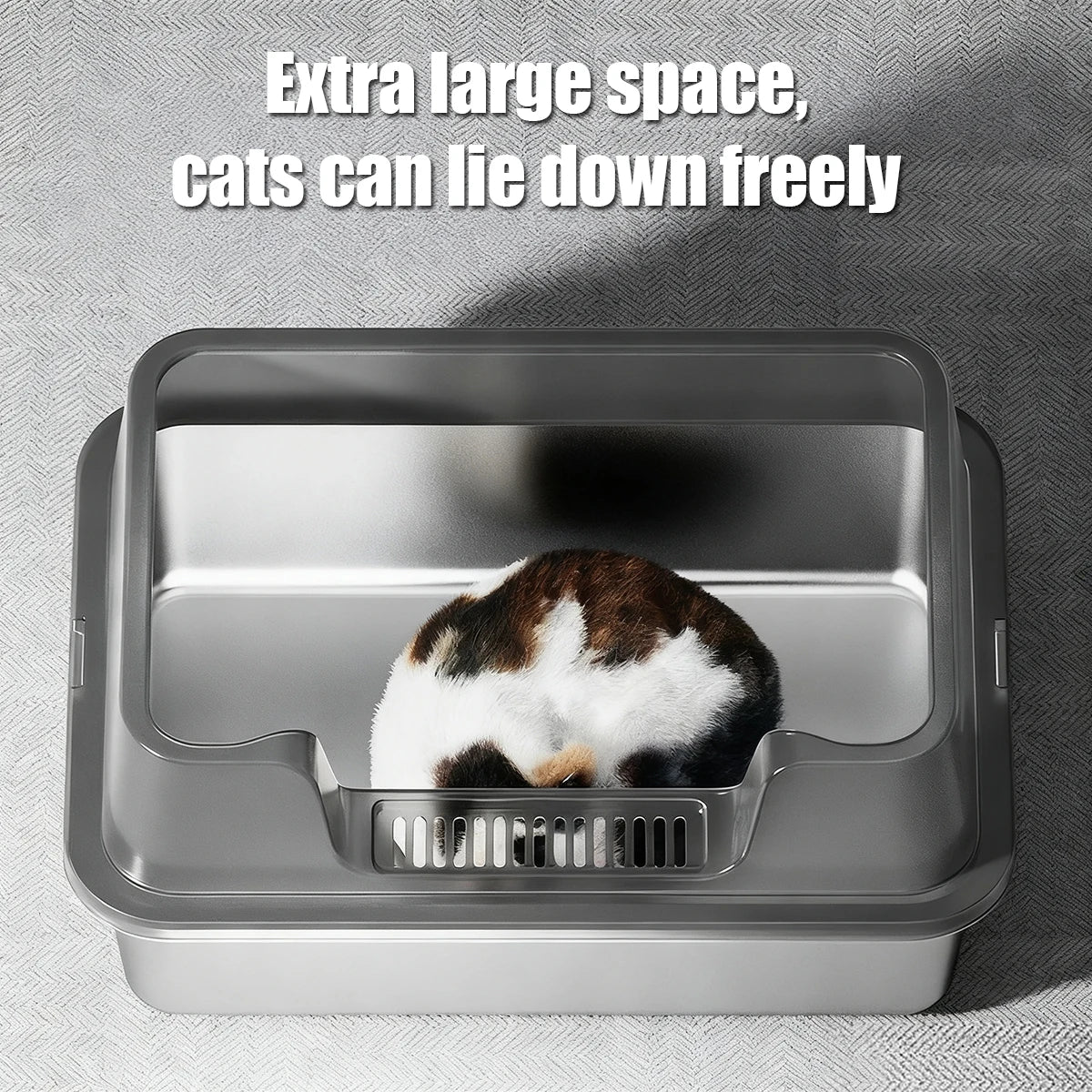 Bac à litière pour chat en acier inoxydable avec couvercle, bac à litière extra large à face haute pour grands chats, facile à nettoyer et sans odeur