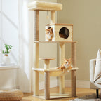 Arbre à chat en bois avec condo spacieux, hamac douillet, poteaux à gratter en sisal, tour à chat multi-niveaux haute pour grand chat d'intérieur