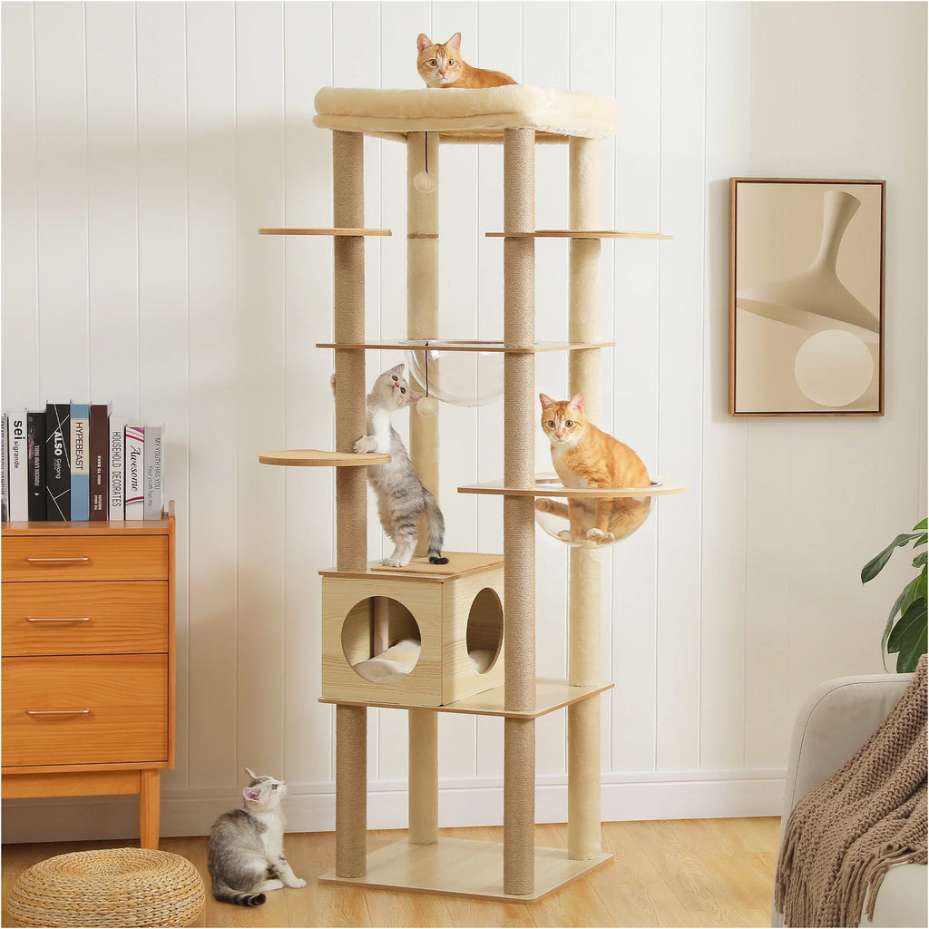 Arbre à chat en bois avec condo spacieux, hamac douillet, poteaux à gratter en sisal, tour à chat multi-niveaux haute pour grand chat d'intérieur
