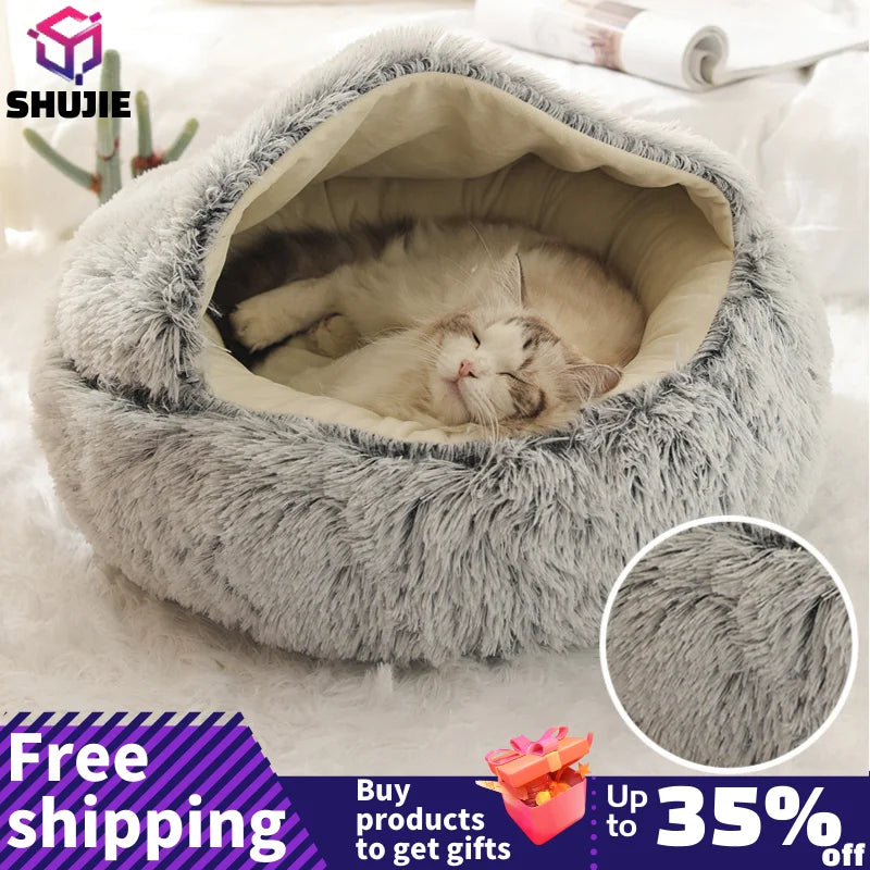Coussin rond en peluche pour animaux de compagnie, panier chaud, sac de couchage, accent, chenil pour petit chien, maison pour chat, 2 en 1, hiver