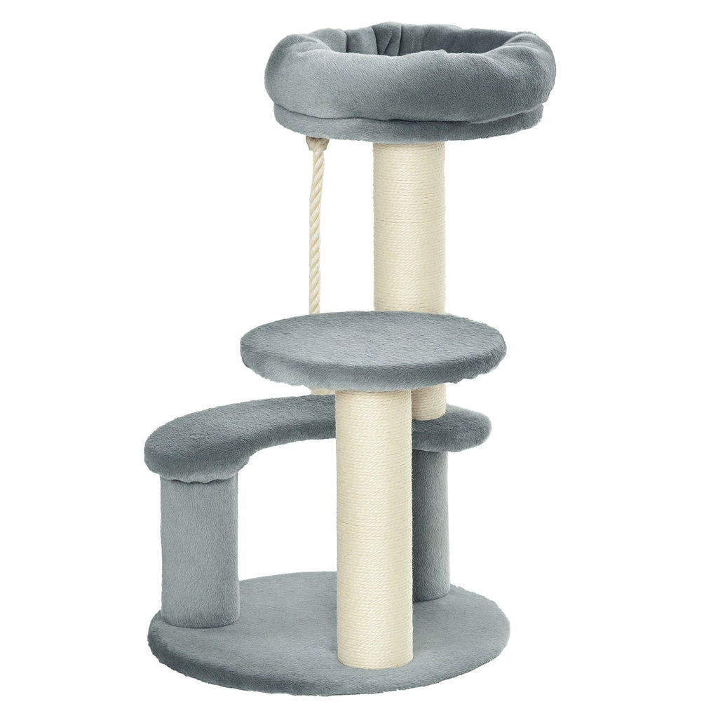 PawHut Arbre à chats 2 griffoirs grattoirs sisal naturel 3 plateformes corde à grimper dim. Ø 40 x 65H cm peluche haute densité 500 g/m² gris