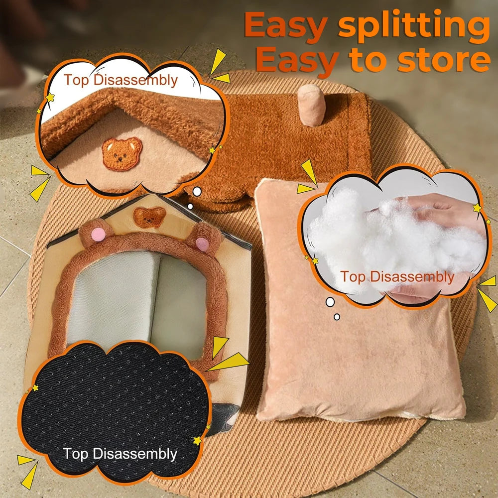 Maison pour chat améliorée, jolie maison pour animaux de compagnie ours brun, design pliable avec coussin amovible, lavable en machine, version renforcée extra large, confortable et chaude, semi-fermée pour chatons, acces