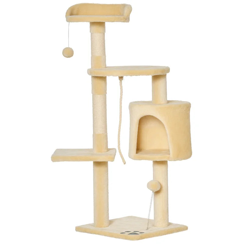 Arbre à chats multi-activités avec griffoirs, plateformes, niche, corde et jouets 40L x 40L x 114H cm beige
