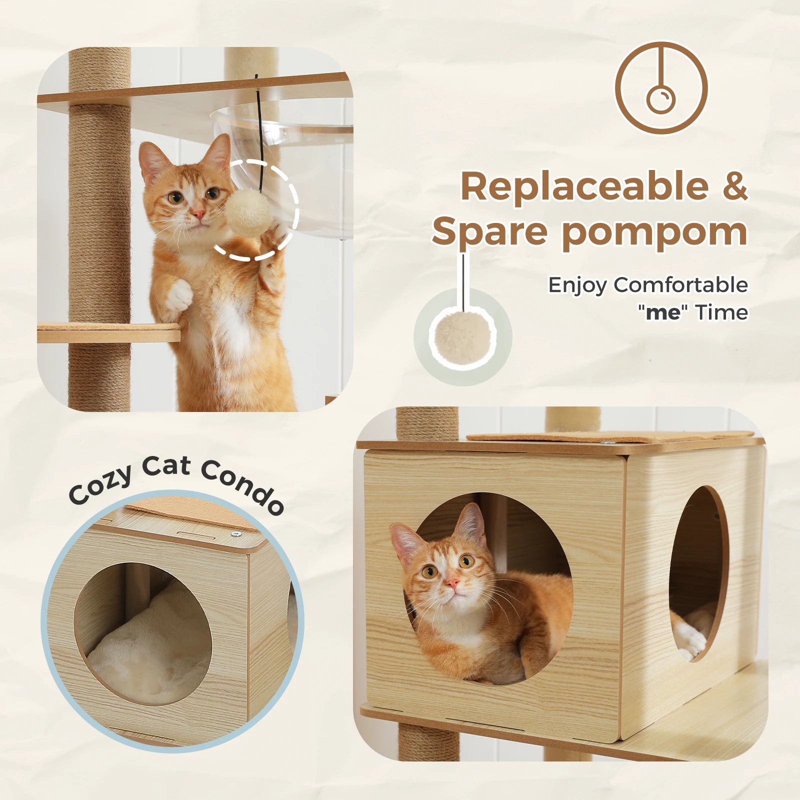 Arbre à chat en bois avec condo spacieux, hamac douillet, poteaux à gratter en sisal, tour à chat multi-niveaux haute pour grand chat d'intérieur