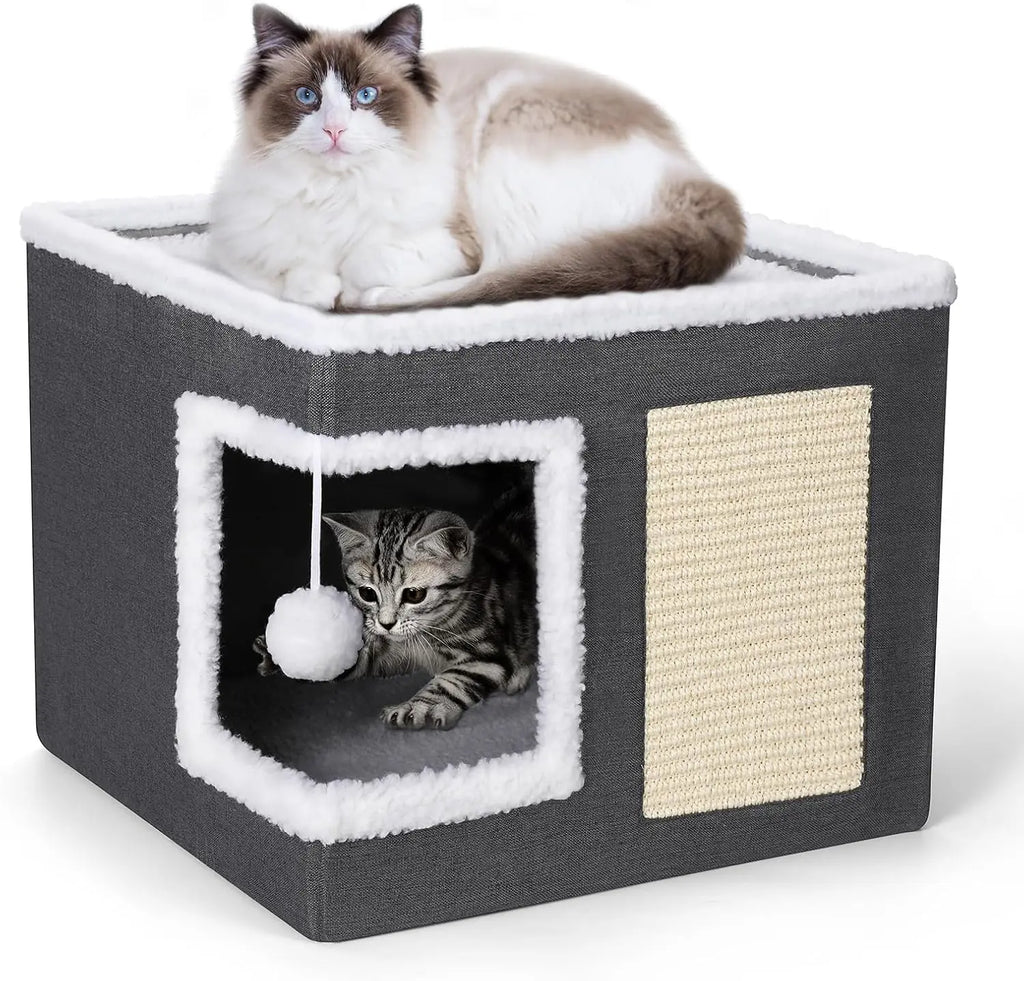Lits pour chats d'intérieur - Grande tanière pour chat avec boule en peluche suspendue et griffoir, abri pliable pour chat