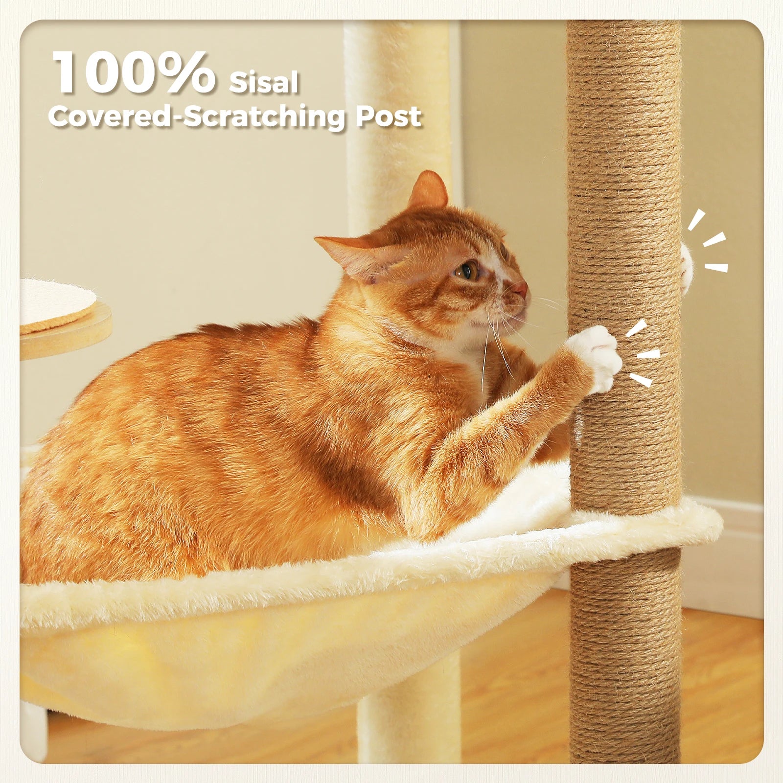 Arbre à chat en bois avec condo spacieux, hamac douillet, poteaux à gratter en sisal, tour à chat multi-niveaux haute pour grand chat d'intérieur