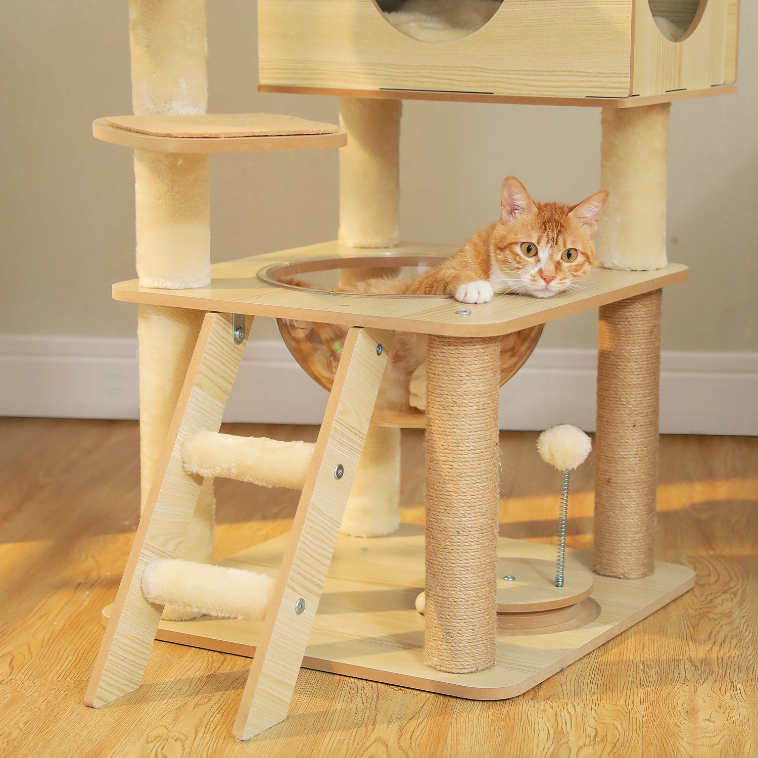 Arbre à chat en bois avec condo spacieux, hamac douillet, poteaux à gratter en sisal, tour à chat multi-niveaux haute pour grand chat d'intérieur