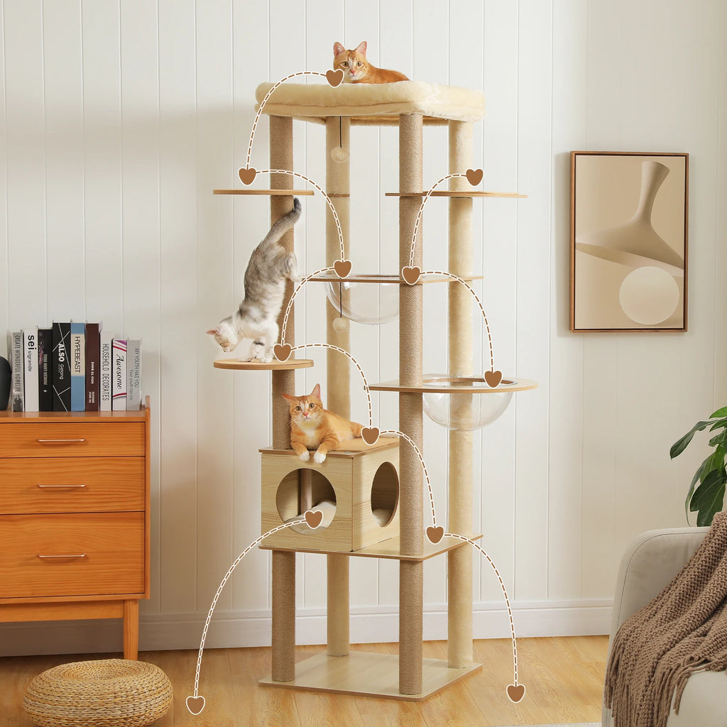 Arbre à chat en bois avec condo spacieux, hamac douillet, poteaux à gratter en sisal, tour à chat multi-niveaux haute pour grand chat d'intérieur
