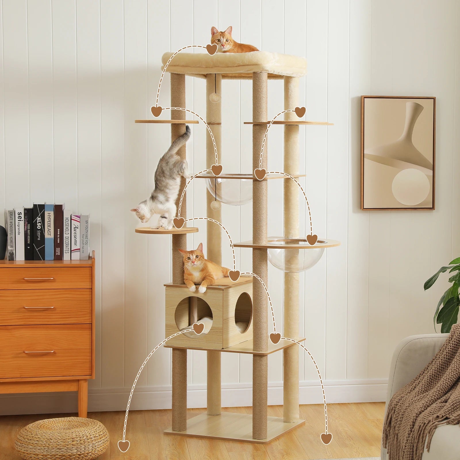 Arbre à chat en bois avec condo spacieux, hamac douillet, poteaux à gratter en sisal, tour à chat multi-niveaux haute pour grand chat d'intérieur