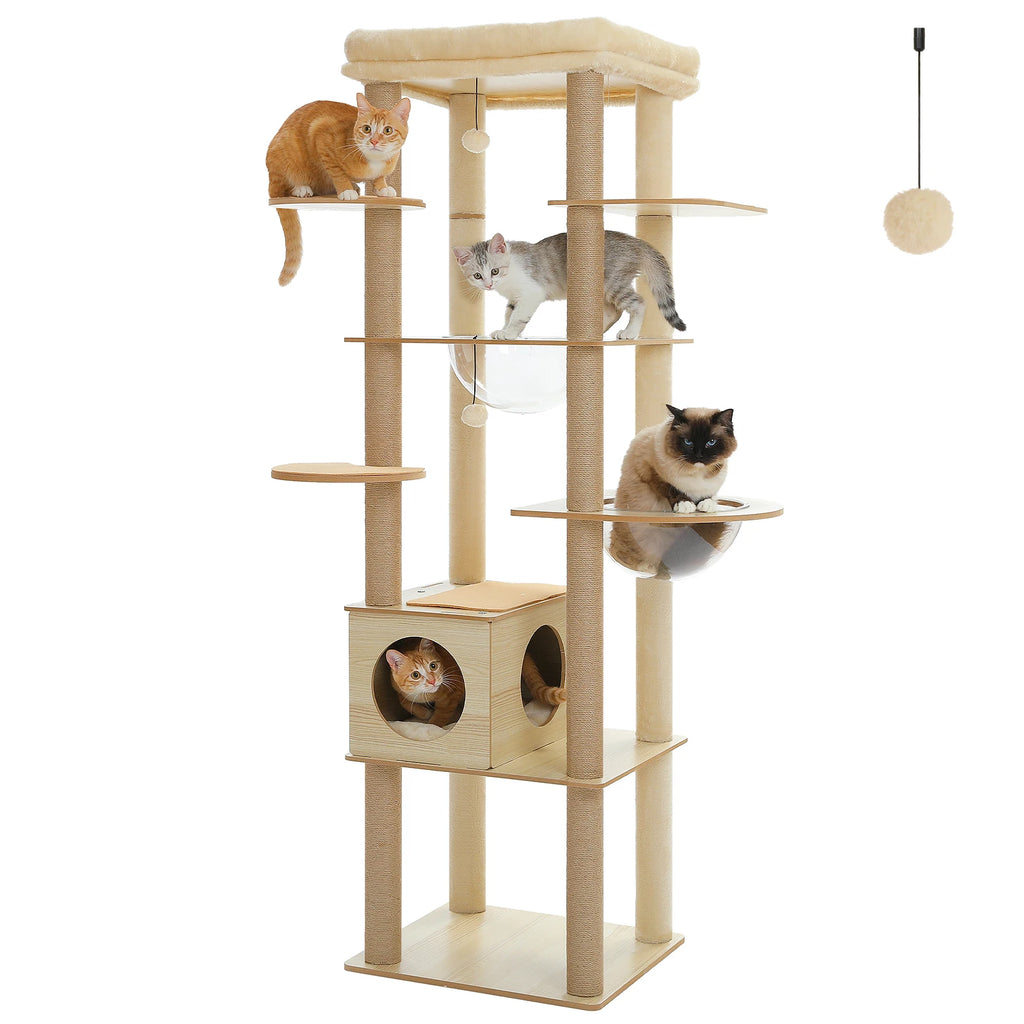 Arbre à chat en bois avec condo spacieux, hamac douillet, poteaux à gratter en sisal, tour à chat multi-niveaux haute pour grand chat d'intérieur