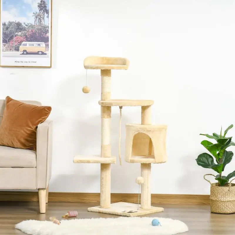 Arbre à chats multi-activités avec griffoirs, plateformes, niche, corde et jouets 40L x 40L x 114H cm beige