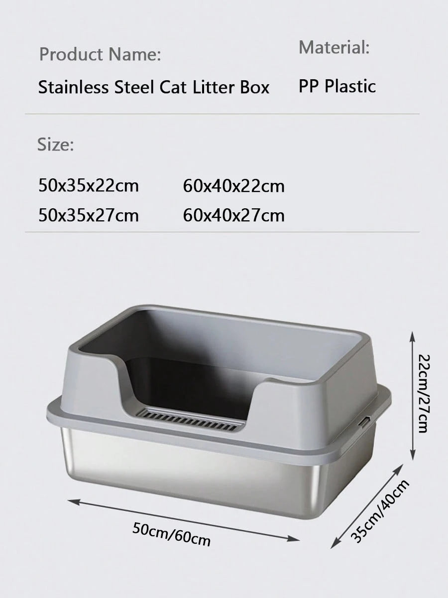 Bac à litière pour chat en acier inoxydable avec couvercle, bac à litière extra large à face haute pour grands chats, facile à nettoyer et sans odeur