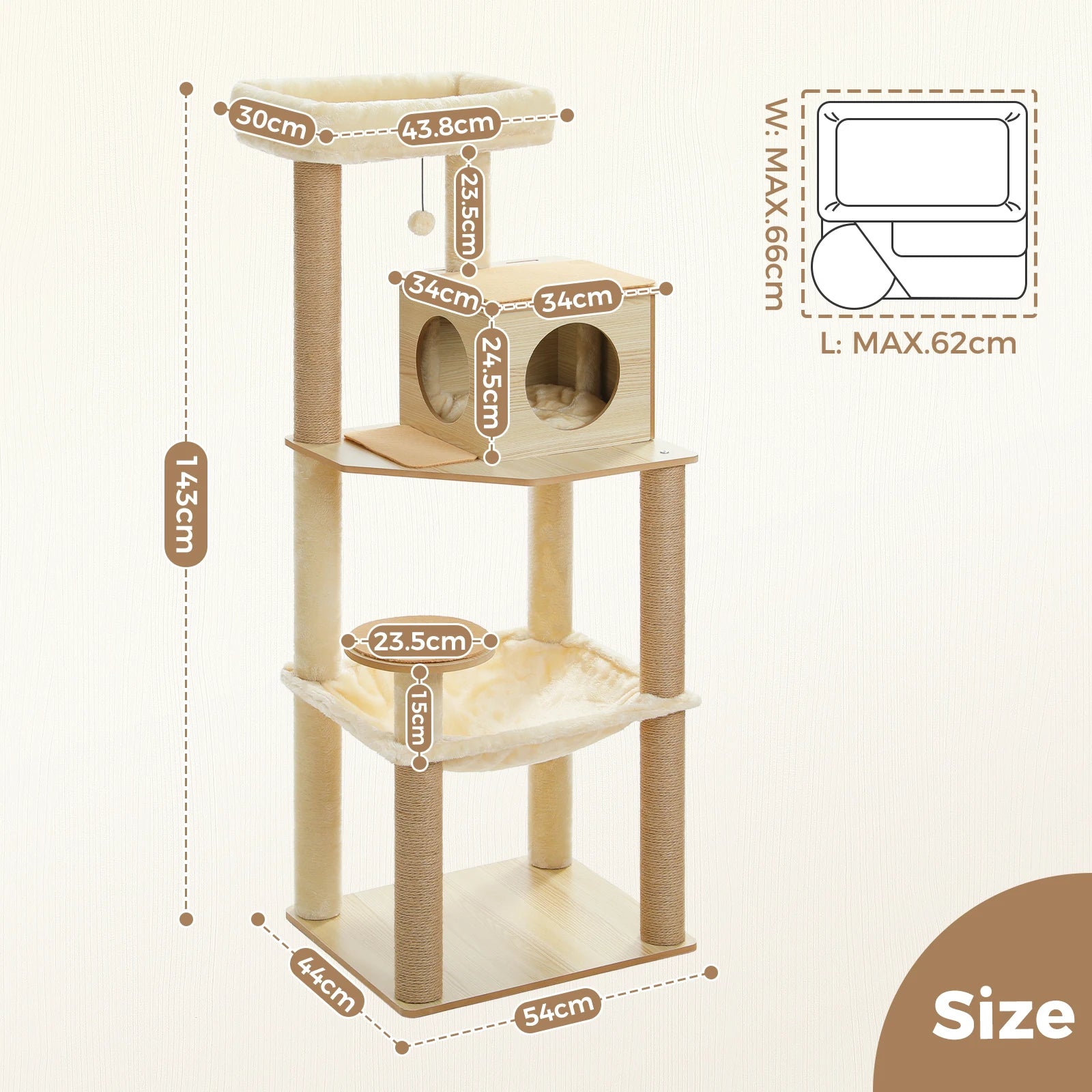 Arbre à chat en bois avec condo spacieux, hamac douillet, poteaux à gratter en sisal, tour à chat multi-niveaux haute pour grand chat d'intérieur