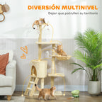 Pawhut Arbre à gratter pour chat, hauteur 134 cm, avec 6 poteaux, 3 plates-formes, échelle hamac grotte, 4 jouets suspendus
