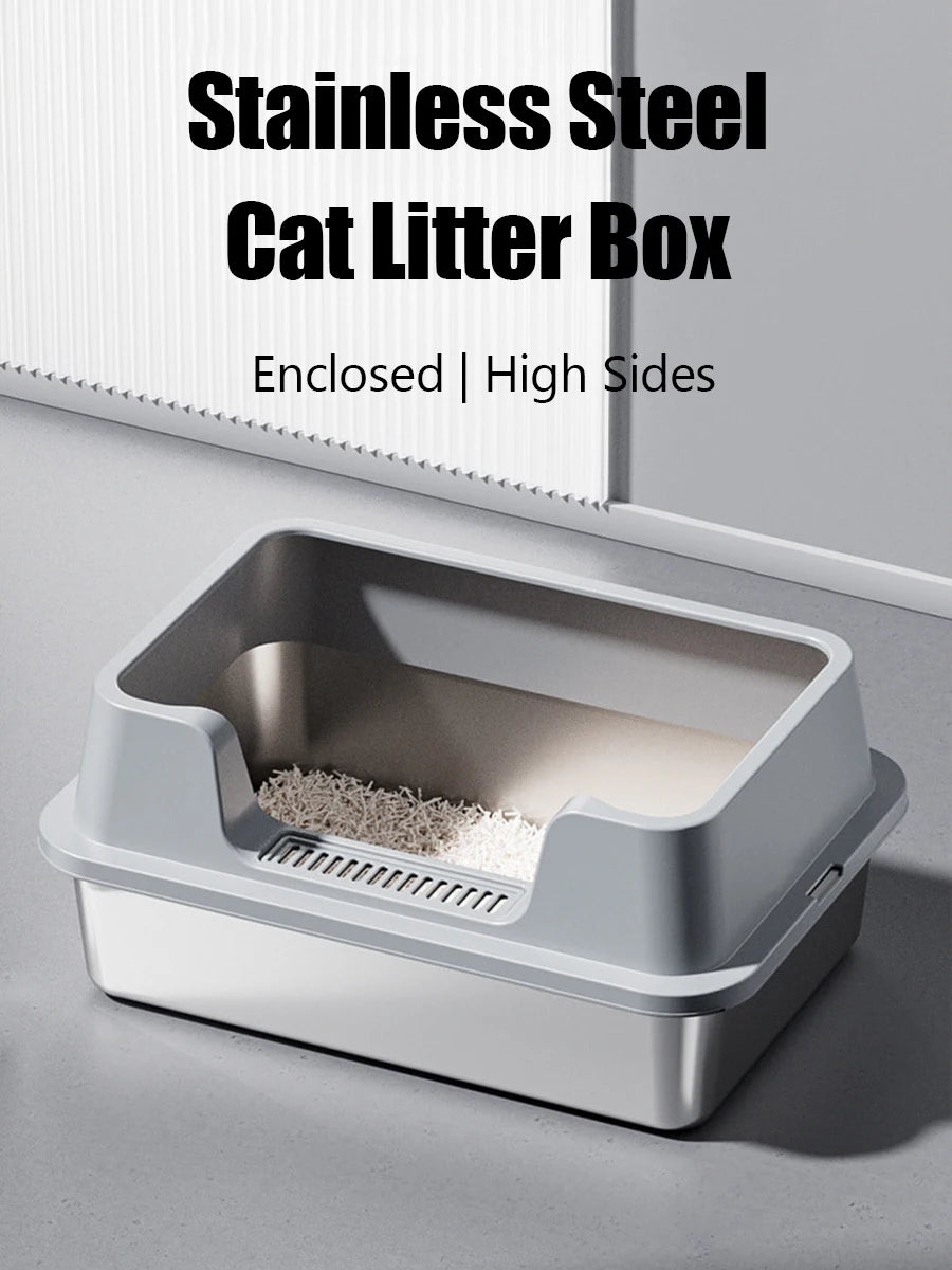 Bac à litière pour chat en acier inoxydable avec couvercle, bac à litière extra large à face haute pour grands chats, facile à nettoyer et sans odeur