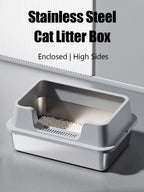 Bac à litière pour chat en acier inoxydable avec couvercle, bac à litière extra large à face haute pour grands chats, facile à nettoyer et sans odeur