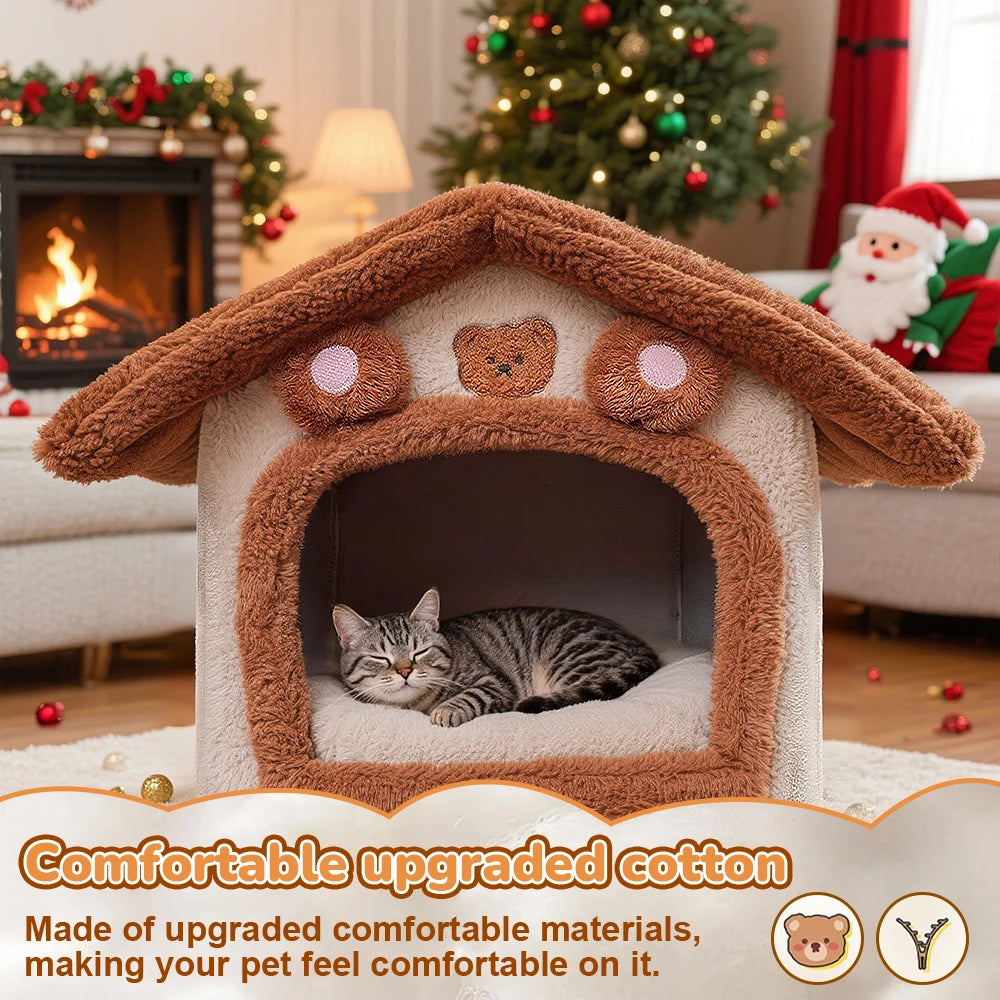 Maison pour chat améliorée, jolie maison pour animaux de compagnie ours brun, design pliable avec coussin amovible, lavable en machine, version renforcée extra large, confortable et chaude, semi-fermée pour chatons, acces