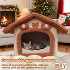 Maison pour chat améliorée, jolie maison pour animaux de compagnie ours brun, design pliable avec coussin amovible, lavable en machine, version renforcée extra large, confortable et chaude, semi-fermée pour chatons, acces