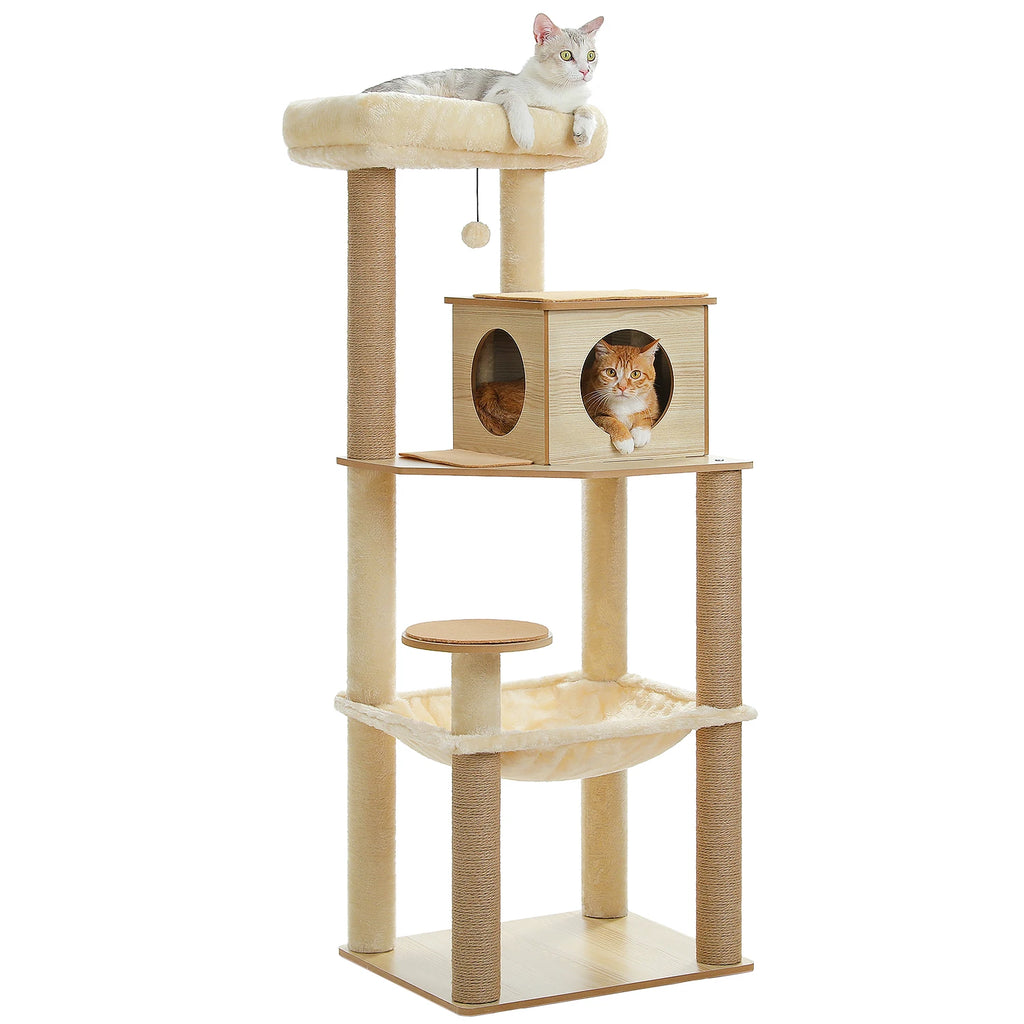 Arbre à chat en bois avec condo spacieux, hamac douillet, poteaux à gratter en sisal, tour à chat multi-niveaux haute pour grand chat d'intérieur