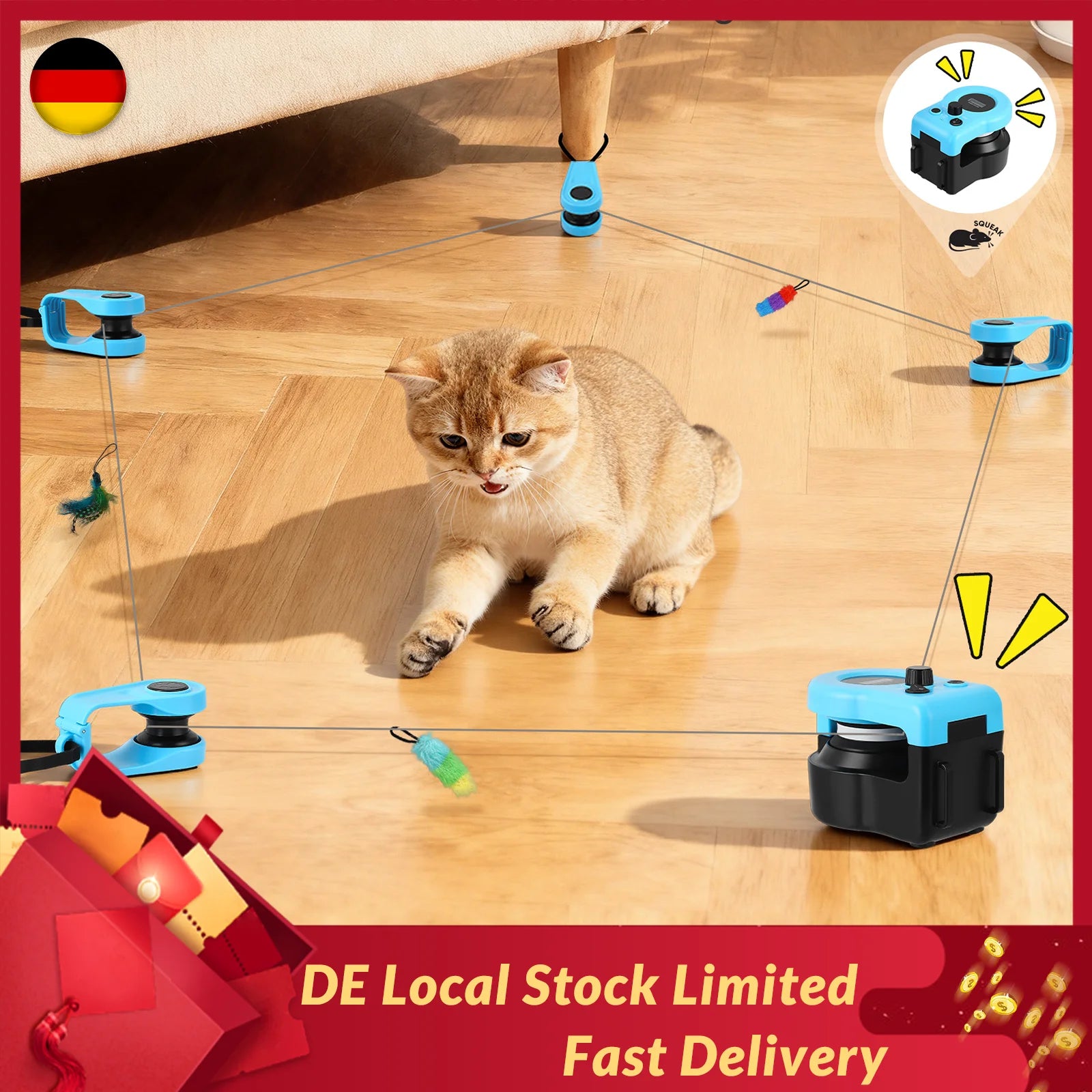 Jouets intelligents pour chats d'intérieur, jouet interactif pour chat, roue d'exercice pour chats, tapis roulant pour chats 5 vitesses avec vitesse réglable, jouet de simulation de chasse