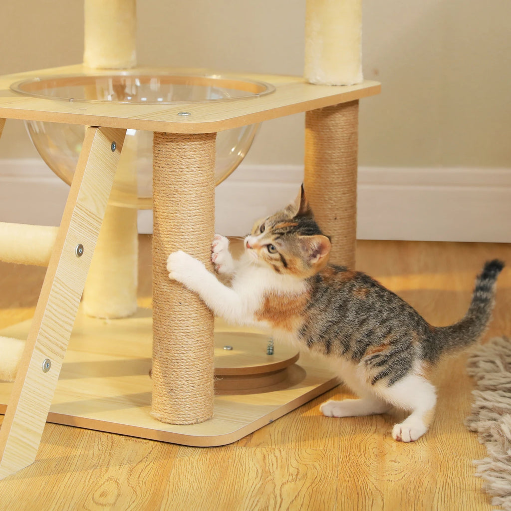 Arbre à chat en bois avec condo spacieux, hamac douillet, poteaux à gratter en sisal, tour à chat multi-niveaux haute pour grand chat d'intérieur