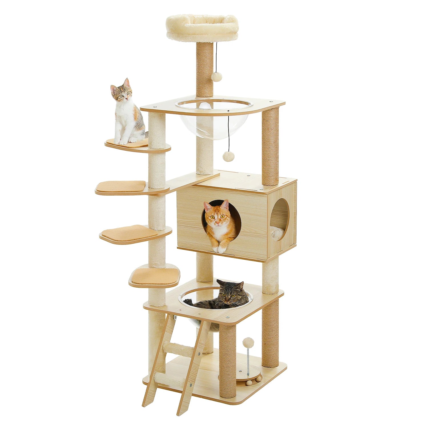 Arbre à chat en bois avec condo spacieux, hamac douillet, poteaux à gratter en sisal, tour à chat multi-niveaux haute pour grand chat d'intérieur