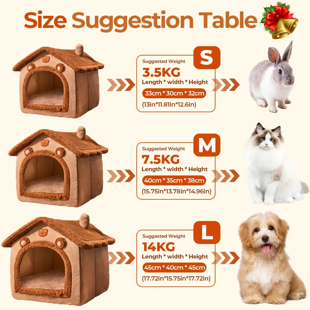 Maison pour chat améliorée, jolie maison pour animaux de compagnie ours brun, design pliable avec coussin amovible, lavable en machine, version renforcée extra large, confortable et chaude, semi-fermée pour chatons, acces