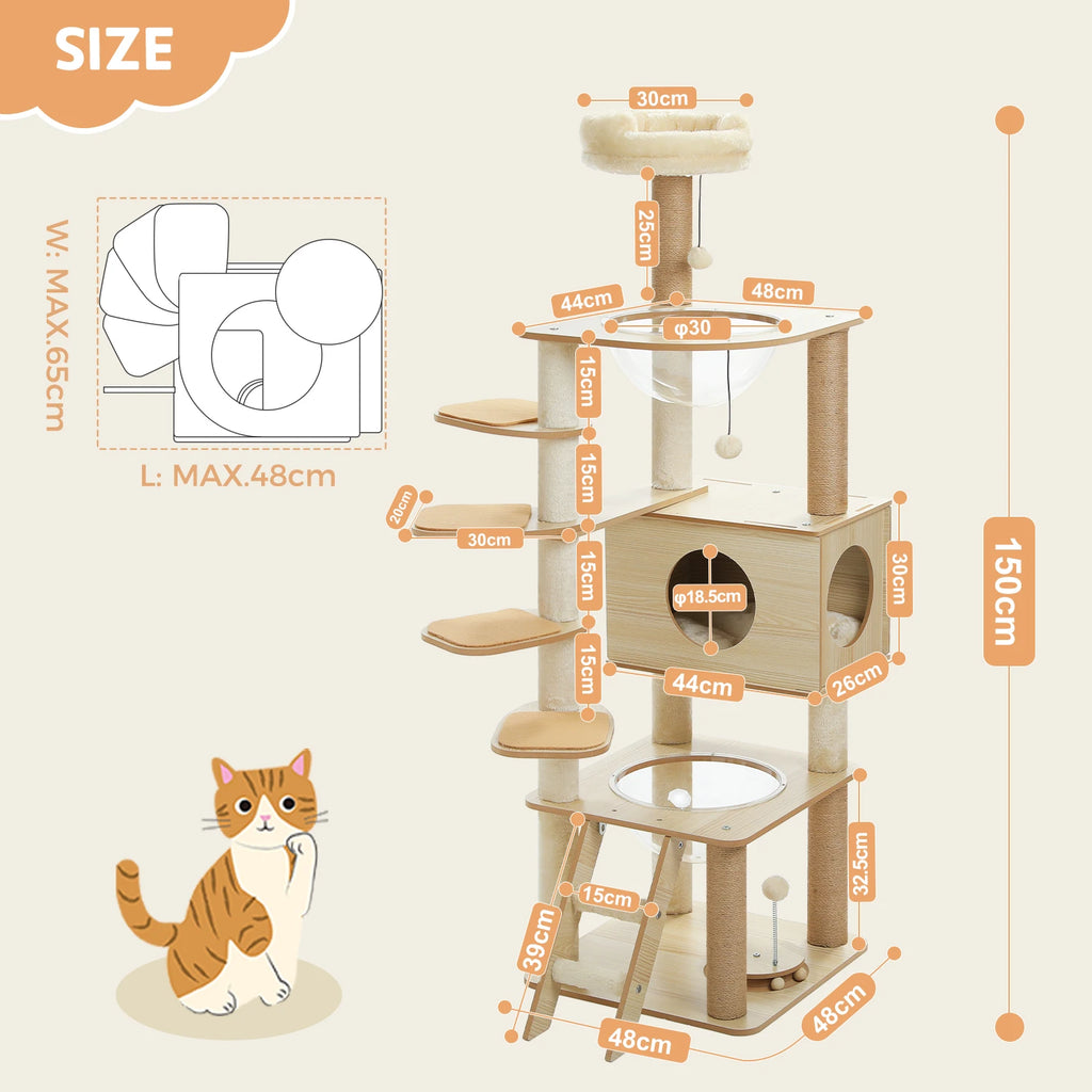 Arbre à chat en bois avec condo spacieux, hamac douillet, poteaux à gratter en sisal, tour à chat multi-niveaux haute pour grand chat d'intérieur
