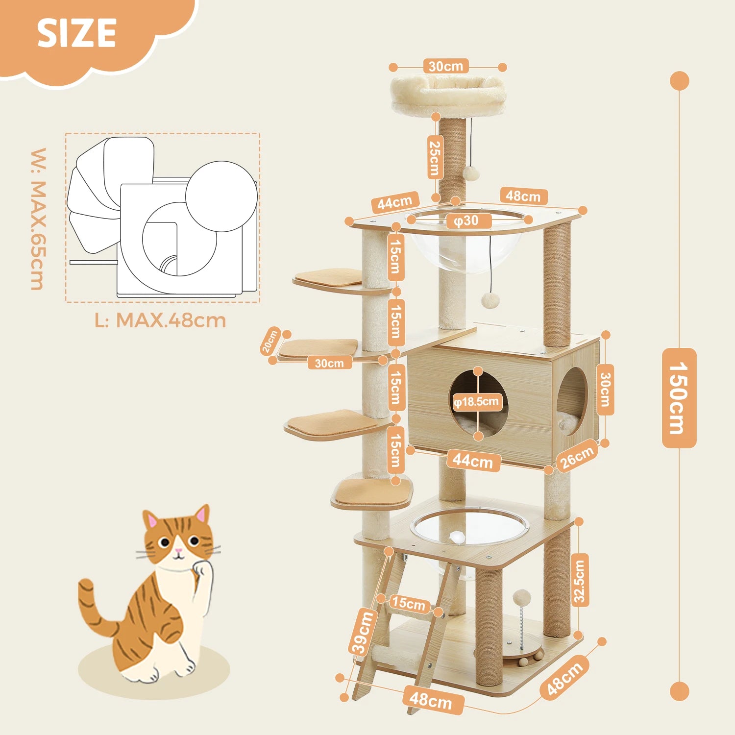 Arbre à chat en bois avec condo spacieux, hamac douillet, poteaux à gratter en sisal, tour à chat multi-niveaux haute pour grand chat d'intérieur