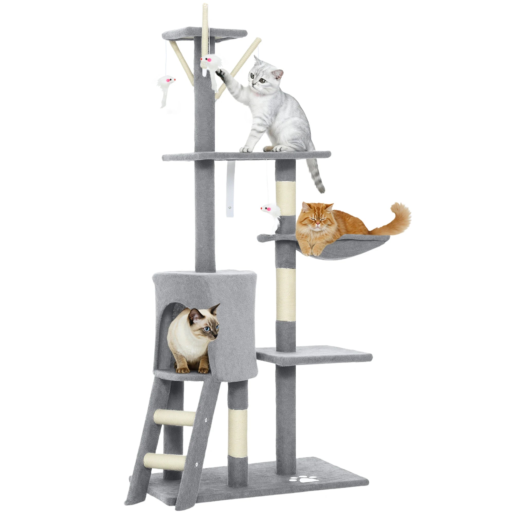 Pawhut Arbre à gratter pour chat, hauteur 134 cm, avec 6 poteaux, 3 plates-formes, échelle hamac grotte, 4 jouets suspendus