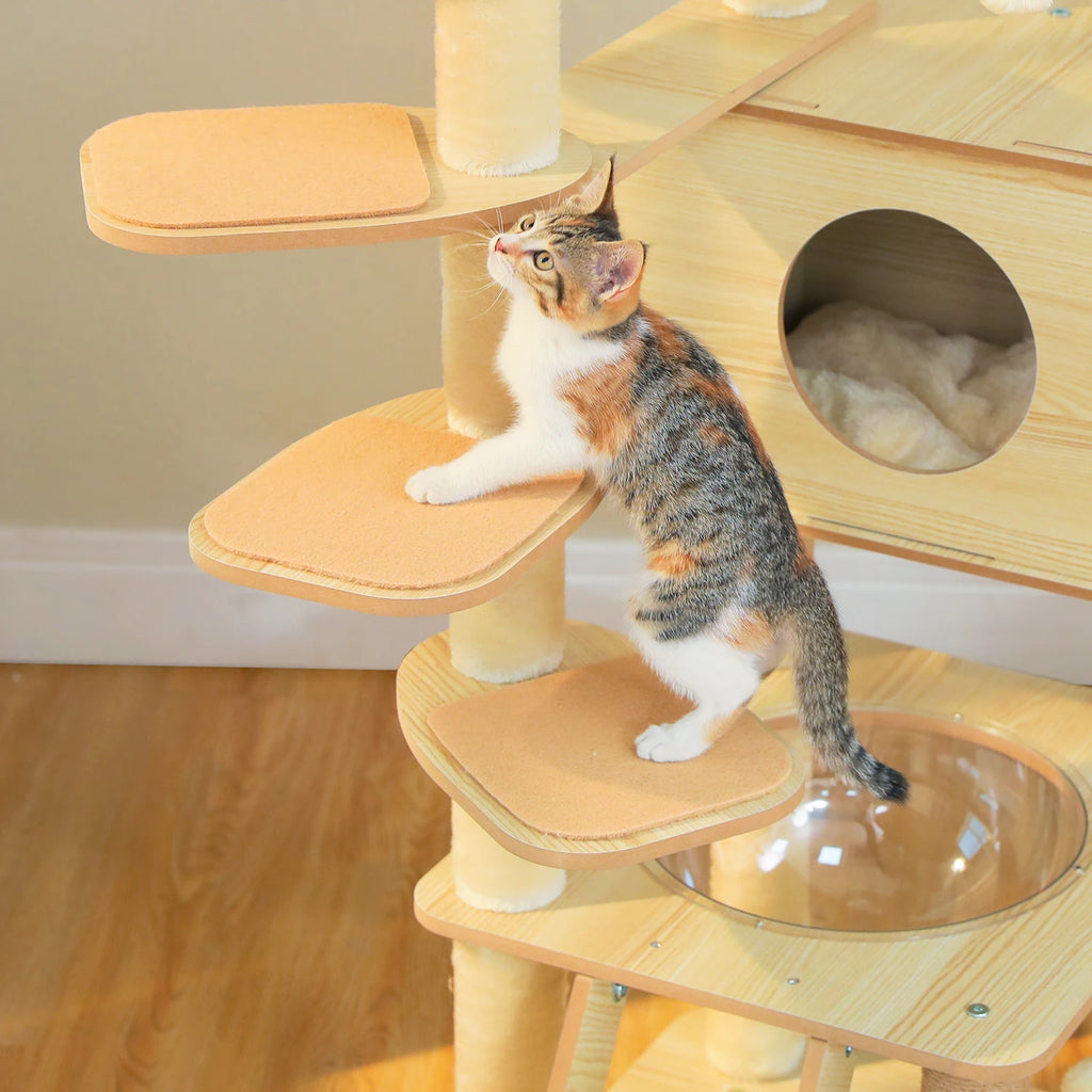 Arbre à chat en bois avec condo spacieux, hamac douillet, poteaux à gratter en sisal, tour à chat multi-niveaux haute pour grand chat d'intérieur