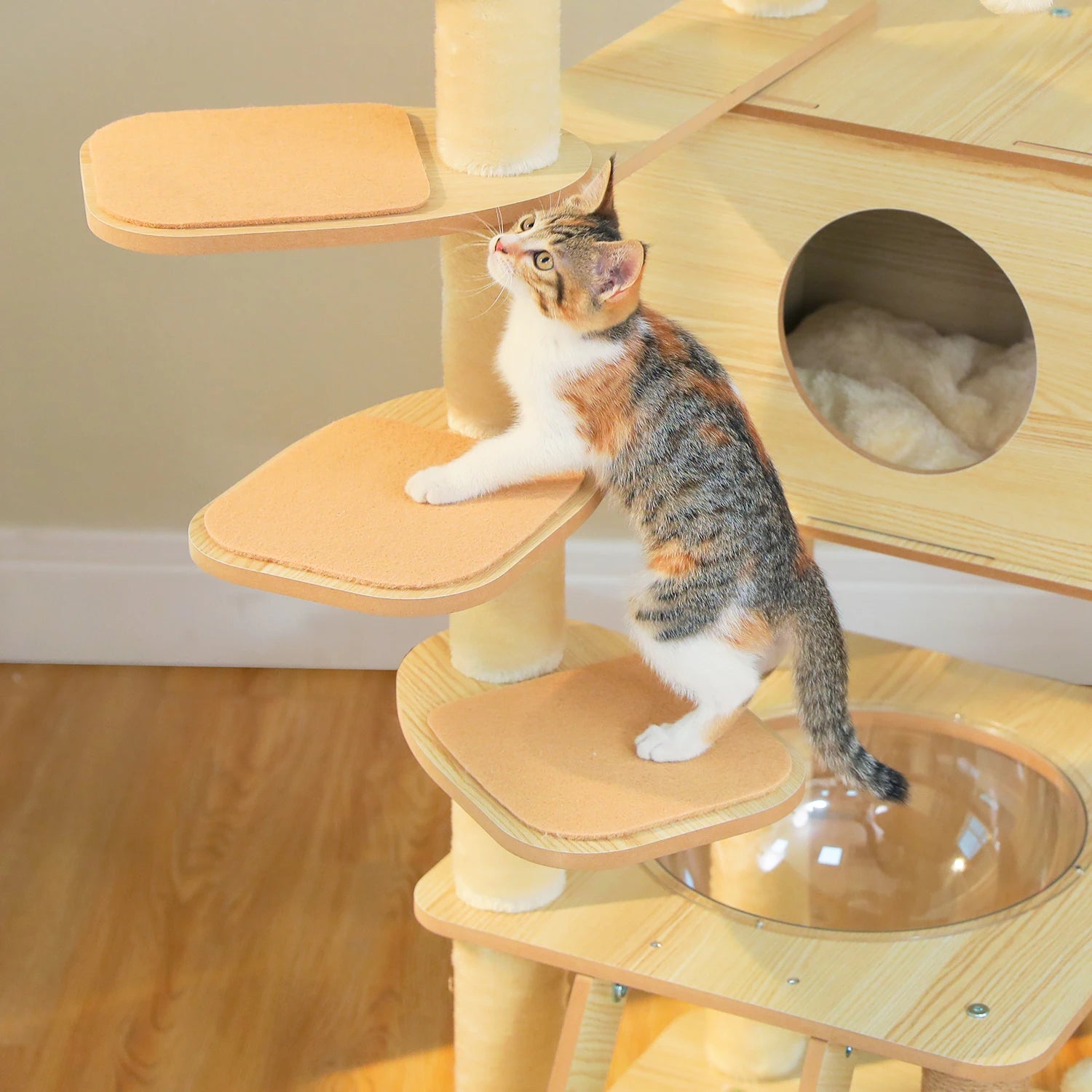 Arbre à chat en bois avec condo spacieux, hamac douillet, poteaux à gratter en sisal, tour à chat multi-niveaux haute pour grand chat d'intérieur