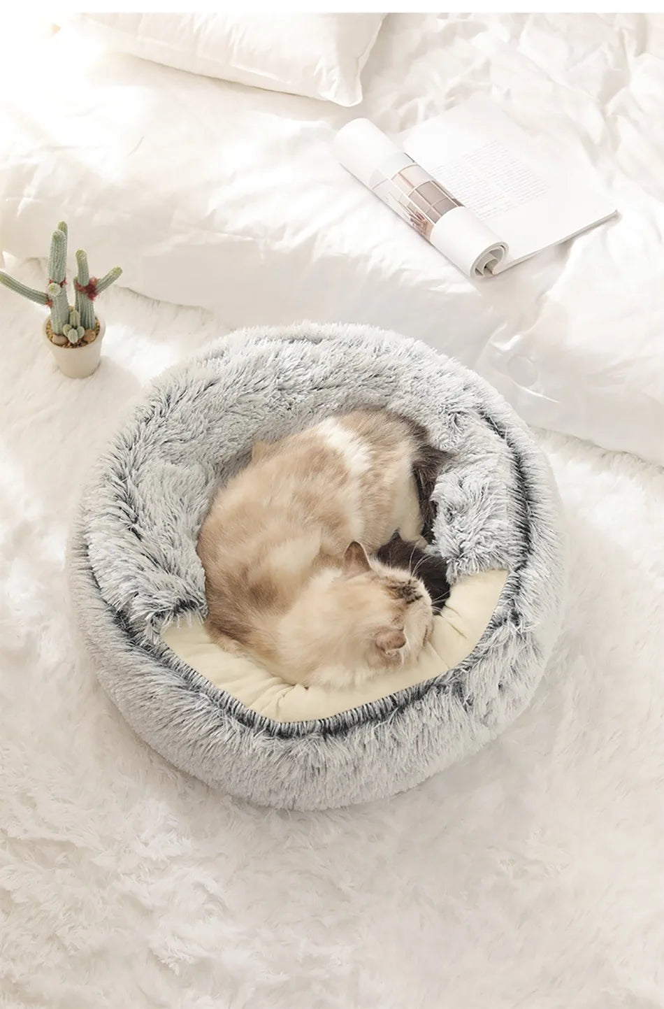 Coussin rond en peluche pour animaux de compagnie, panier chaud, sac de couchage, accent, chenil pour petit chien, maison pour chat, 2 en 1, hiver