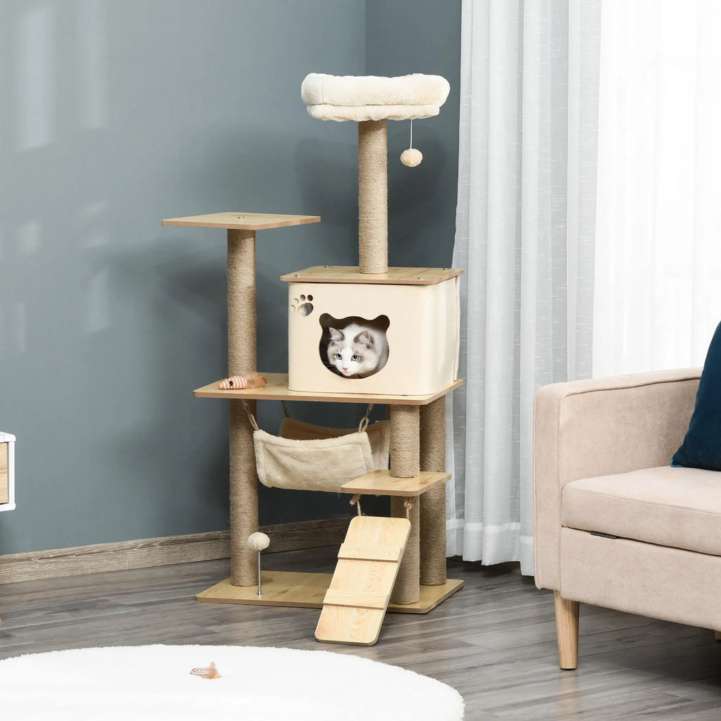 PawHut Arbre à chat hauteur 130 cm, tour de jeux pour chat, platesformes, niche, lit, hamac, échelle et 2 balles en peluche, griffoirs en jute, plusieux niveaux, jaune