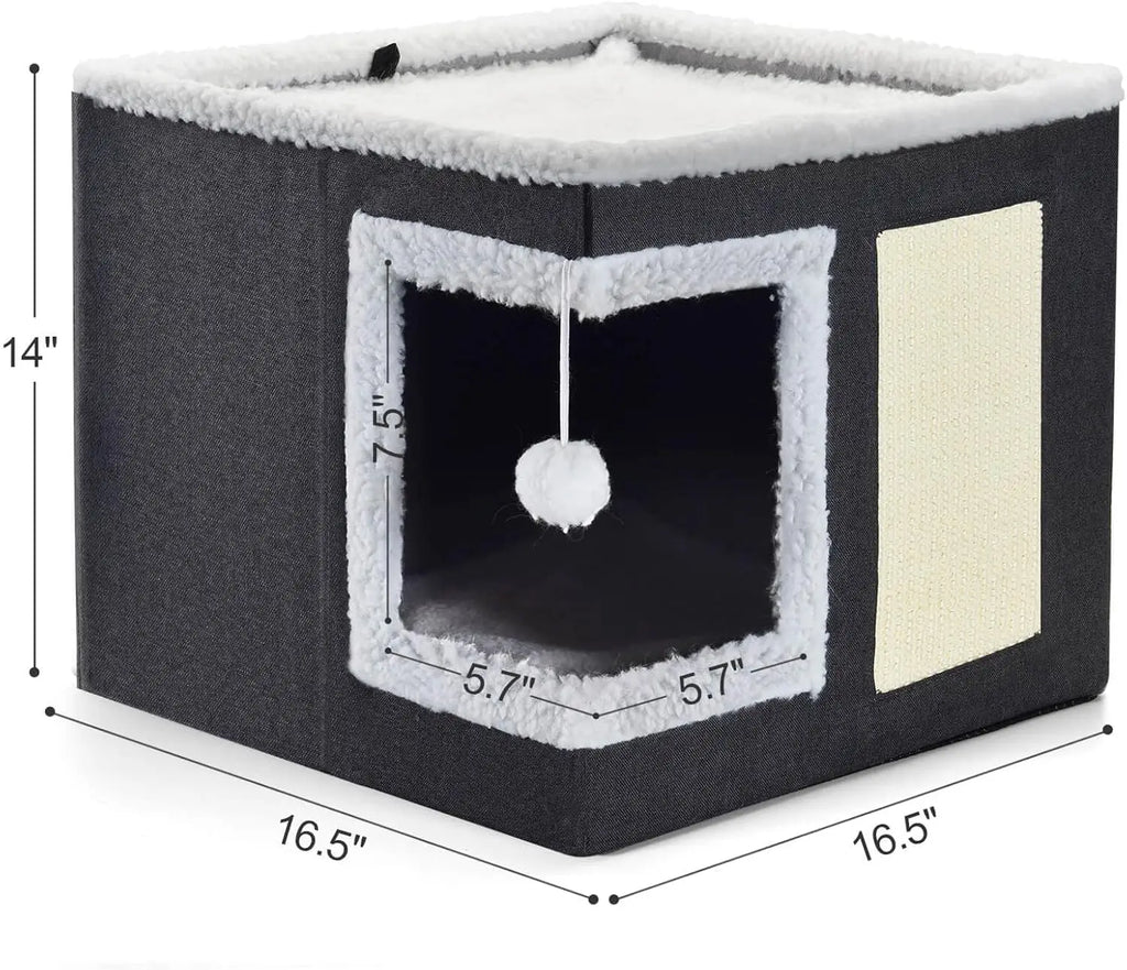 Lits pour chats d'intérieur - Grande tanière pour chat avec boule en peluche suspendue et griffoir, abri pliable pour chat