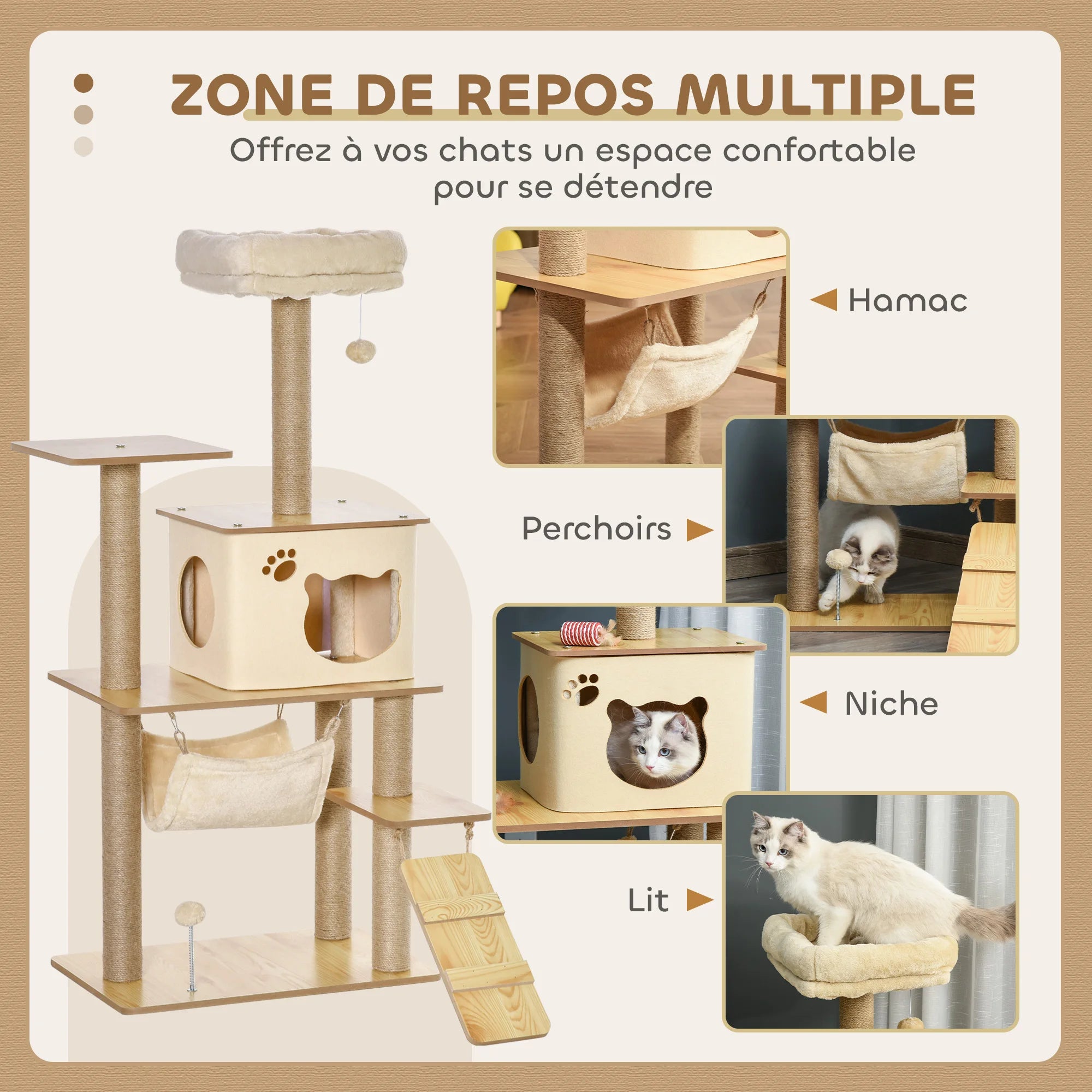 PawHut Arbre à chat hauteur 130 cm, tour de jeux pour chat, platesformes, niche, lit, hamac, échelle et 2 balles en peluche, griffoirs en jute, plusieux niveaux, jaune