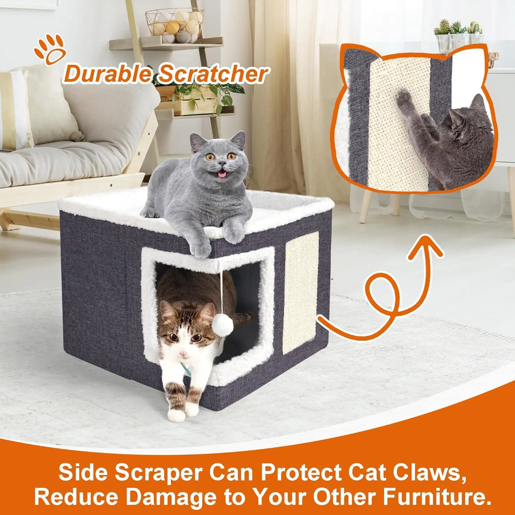 Lits pour chats d'intérieur - Grande tanière pour chat avec boule en peluche suspendue et griffoir, abri pliable pour chat