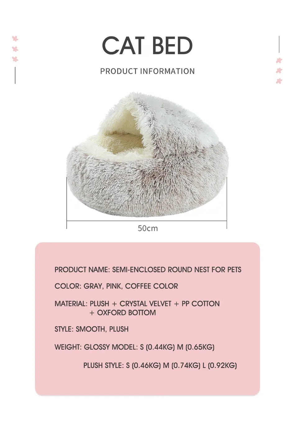 Coussin rond en peluche pour animaux de compagnie, panier chaud, sac de couchage, accent, chenil pour petit chien, maison pour chat, 2 en 1, hiver