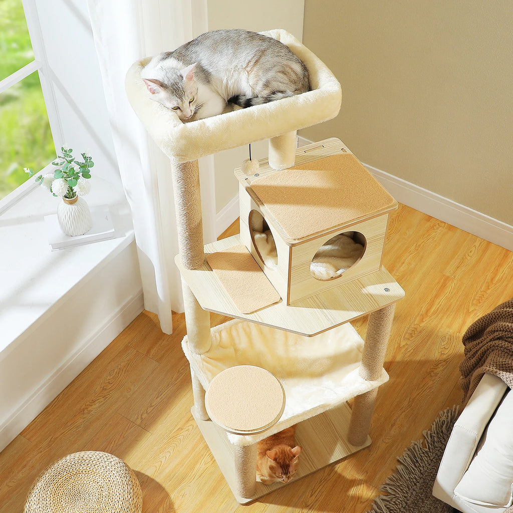 Arbre à chat en bois avec condo spacieux, hamac douillet, poteaux à gratter en sisal, tour à chat multi-niveaux haute pour grand chat d'intérieur
