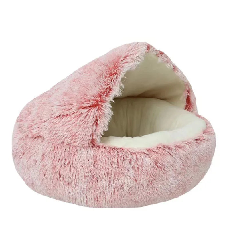 Coussin rond en peluche pour animaux de compagnie, panier chaud, sac de couchage, accent, chenil pour petit chien, maison pour chat, 2 en 1, hiver
